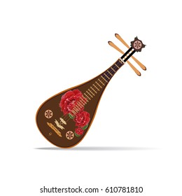 Vector illustration of liuqin isolated on white background. Chinese plucked string musical instrument with peony flowers in flat design.