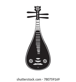 Vector illustration of liuqin isolated on white background. Black and white chinese plucked string musical instrument in flat design.