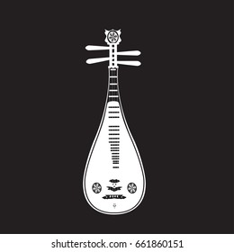 Vector illustration of liuqin white template on black background. Chinese plucked string musical instrument in flat design.