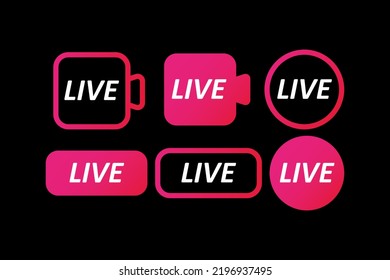 Vector illustration of live broadcast buttons. Camera with Live text. Circle, square, rectangle with text. Broadcasting events, social network, news, football. Banner for business and advertising