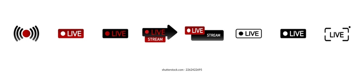 Vector illustration of live broadcast buttons. Camera with Live text. Circle, square, rectangle with text. Broadcasting events, social network, news, online confernce. Vector line icon for Business