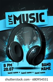 Vector Illustration Live Electro Music Party Invitation Poster. Electronic Music Festival Flyer With Realistic Headphones.