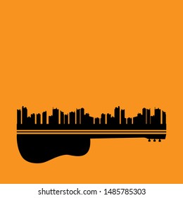 Vector illustration of Live music in city with a guitar concept on orange background