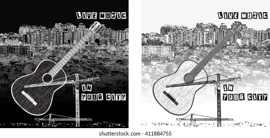 Vector illustration of Live music in city on a city background guitar and text. Displaying two options day and night in black and white. Can be used with any image or text in black or white.