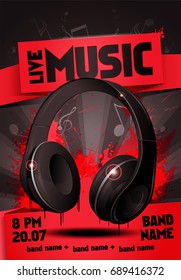 vector illustration live music party flyer design template with headphone