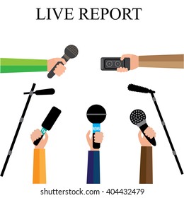 Vector illustration live report concept, live news, hands of journalists with microphones and tape recorders.