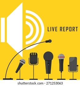 vector illustration of a live report from the microphone in the air