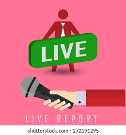 vector illustration of a live report with microphone and sign on air