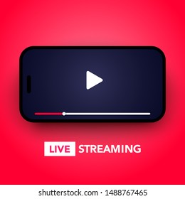 Vector illustration live stream concept with play button on smartphone screen for online broadcast, streaming service