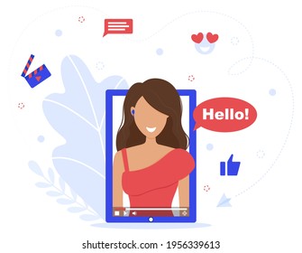 Vector illustration of live streaming. Girl is talking online. Social networks. Webinar. Influencer. Blogger. Like. Tablet. Webinar. 