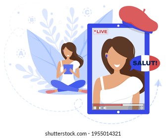 Vector illustration of live streaming. Online education. Language school. Language courses. French language. Studying online. 