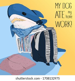 Vector illustration live trace school days, backpack, notebooks, pillow and  soft toy shark for kids