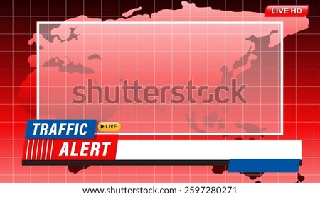 Vector illustration of a live traffic alert screen with bold colors and grid background, ideal for news broadcasts
