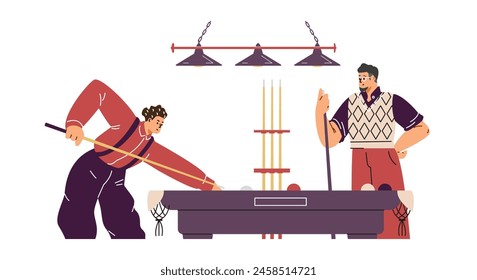 Vector illustration of a lively billiard room with players, a billiard table and a cue. Cartoon characters on a white background immersed in the excitement of the game