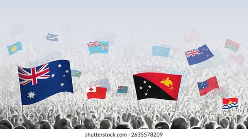 Vector illustration of a lively crowd waving flags from countries and territories in Oceania, including Australia, New Zealand, Papua New Guinea, Fiji, Tonga, Samoa, and others. 