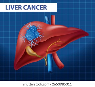 Vector illustration of a liver with cancer cells, highlighting anatomical details and vibrant colors on a grid background