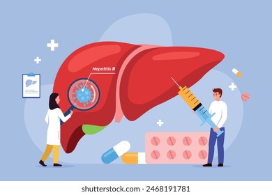 Vector illustration of liver damage by hepatitis b virus. Cartoon scene of doctors treating liver affected by hepatitis b virus, bullous magnifier, syringe, pills isolated on blue background.