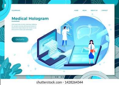 Vector illustration - liver health hologram, help with assistant girl. Medicine modern bright banner, site template with place for your text.