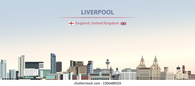 Vector illustration of Liverpool city skyline on colorful gradient beautiful day sky background with flags of England and United Kingdom