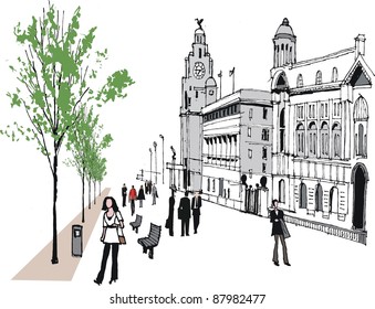 Vector illustration of Liverpool waterfront, England with people.