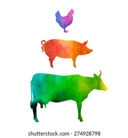 Vector illustration of livestock animals. Cow, pig and chicken silhouettes are filled with watercolor. Perfect for prints and backgrounds.