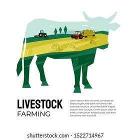 Vector illustration of livestock farming, agricultural company. Cow silhouette with landscape inside. Poster of agriculture with tractor, hayfield, haystack rolls, farmland. Template for banner, flyer