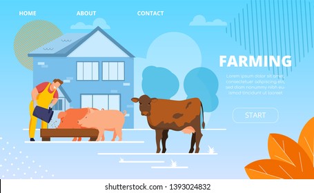 Vector Illustration Livestock Farming Cartoon. In Foreground Cow Stands in Street. Smiling Male Farmer Working Clothes Pouring Food into Pig Feeder. Pigs Stand at Trough on Street.