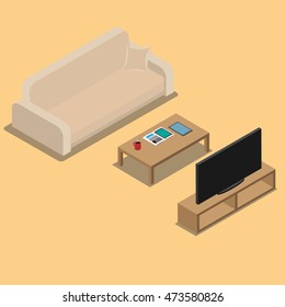Vector illustration of a living room. 3D. Sofa, table, coffee mug, magazines, tablet, TV, tablet pc. Interior.