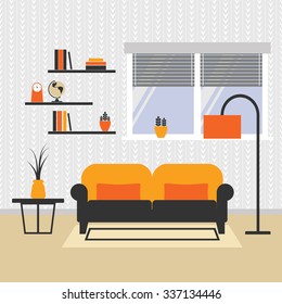 Vector illustration of living room arrangement. Flat interior design. 