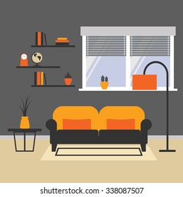 Vector illustration of living room arrangement. Vector drawing of book shelves, sofa, lamp, rug, plants. Eps 10