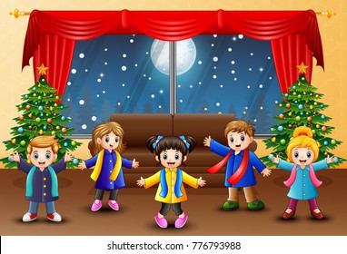 Vector illustration of Living room decoration for christmas and new year with happy kids