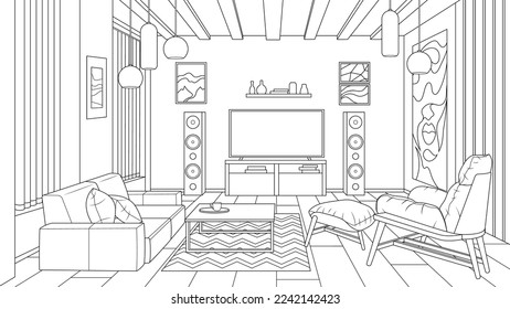 Vector illustration  living room room design  book coloring 