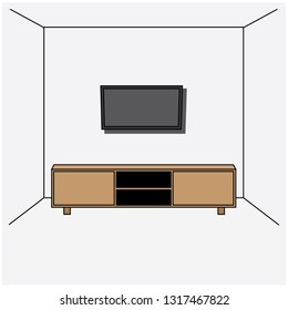 vector illustration of a living room with a desk and television wall