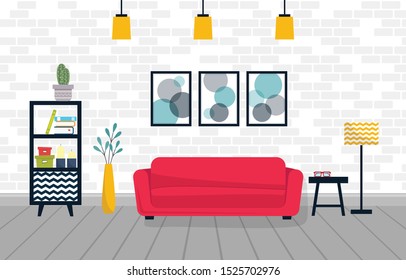 Vector illustration of living room with furniture. Cozy interior with sofa, shelving, table, vase and lamp