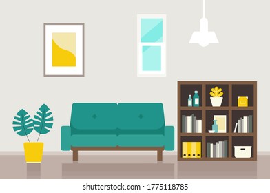 Vector illustration of the living room furniture. Concept for relax at home,  stay at home illustration. Flat design vector illustration of modern interior with sofa.