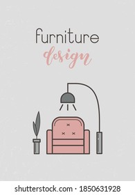 Vector illustration of the living room for a furniture store. Stylish badge/card/invitation/banner template. Furniture lettering typography poster. EPS 10