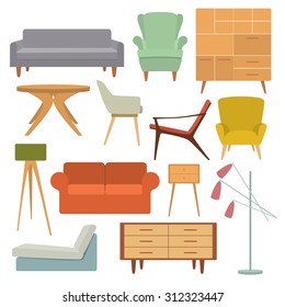 Vector Illustration Of Living Room Furniture In Mid Century Modern Style. Beautiful Design Elements, Perfect For Any Business Related To The Furniture Industry.