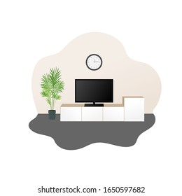 Vector illustration of living room interior with modern furniture and LED TV. Modern, cozy interior with TV stand and home plant Areca palm in pot. Flat cartoon style. 