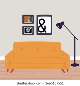 Vector illustration of a living room interior. The image of the sofa, lamp, and posters on the background of the room.
