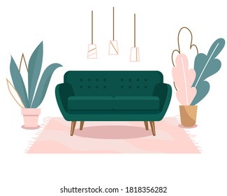vector illustration. living room interior. turquoise sofa with plants in pastel colors