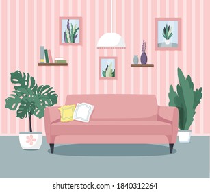Vektorgrafik des Wohnzimmerinnenraums. Komfortables Sofa, Indoor-Pflanzen, Gemälde, Bücher. Flacher Stil.
