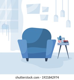 vector illustration of living room interior.  cozy armchair and coffee table in the room