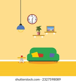 vector illustration of living room interior with sofa, beige walls.