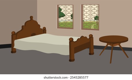 Vector illustration living room interior with furnitures bed and widndows.Asian village house indoor design 