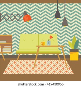 Vector illustration of the living room interior. Flat minimalistic style and retro colors.