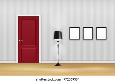 Vector illustration of Living room interior with closed door, lamp, and empty frames on the wall