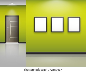 Vector illustration of Living room interior with frames and closed door on green wall background