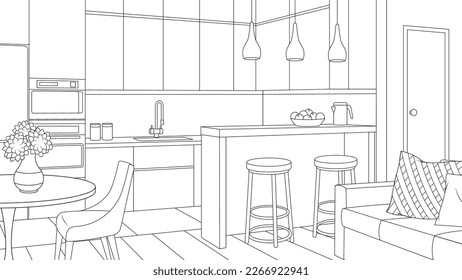 Vector illustration, living room kitchen interior design, coloring book.