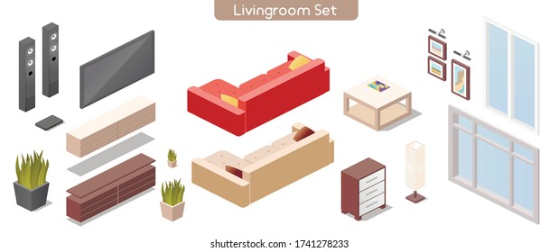 Vector illustration of living room modern interior furniture set. Isometric view of sofa, flat screen TV, DVD player, coffee table, floor standing speakers, window, plants, home decor isolated objects