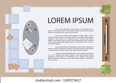 Vector illustration. Living room top view. Sofa, armchairs, table, TV, interior elements. (view from above) 
